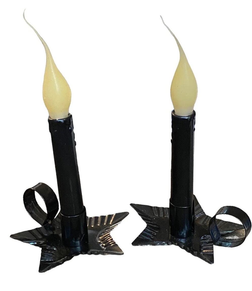 Vtg Flameless twist Candlesticks Set Halloween Black Metal Candle Holder Star